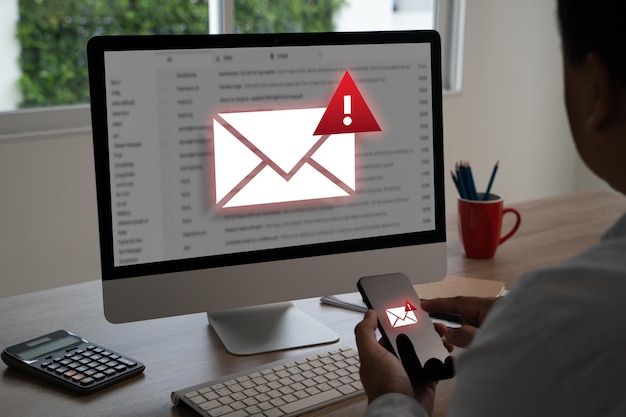 men using smartphones warning alert email hack SMS spam fake text message phishing