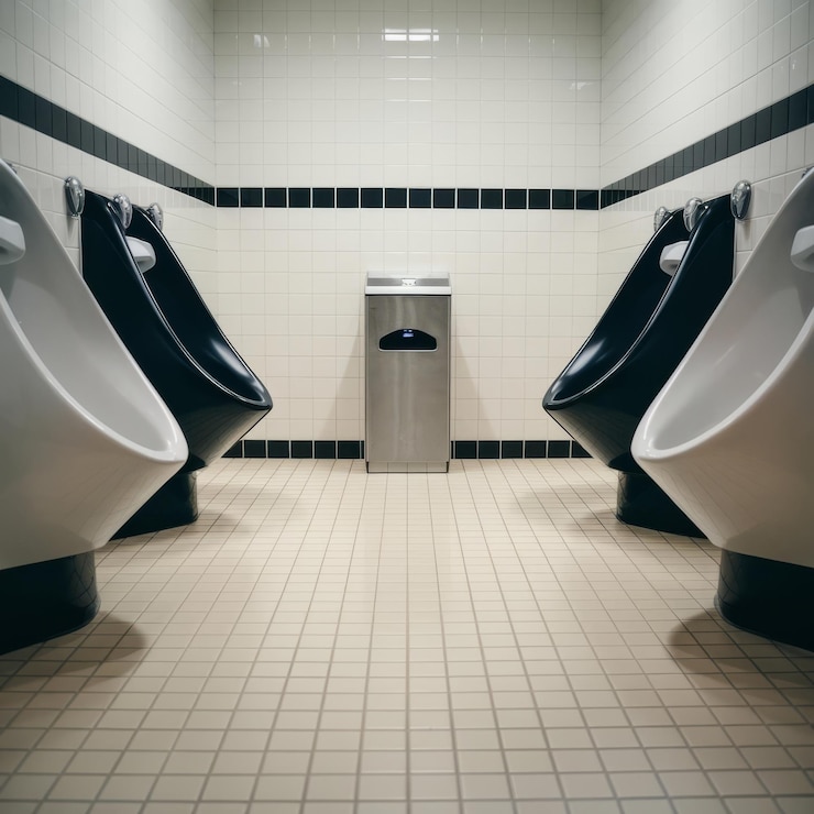 Mens room urinals discharge of waste from the bodymen toilets white and black