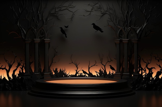 Mensola sul podio nero o espositore a piedistallo vuoto con zucche, ragni, pipistrelli su sfondo scuro di Halloween. Supporto vuoto per mostrare il prodotto. Happy Halloween banner mockup, rendering 3D.