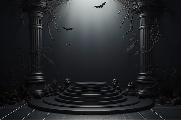 Mensola sul podio nero o espositore a piedistallo vuoto con zucche, ragni, pipistrelli su sfondo scuro di Halloween. Supporto vuoto per mostrare il prodotto. Happy Halloween banner mockup, rendering 3D.