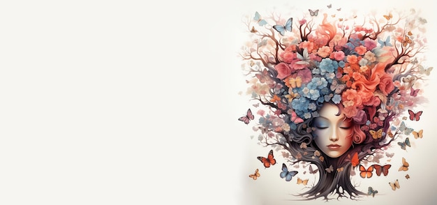 Mente umana con fiori e farfalle che crescono da una mente creativa di pensiero positivo dell'albero