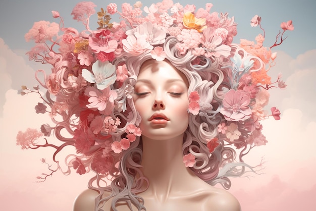 Mente umana con fiori rosa che crescono da un albero pensiero positivo mente creativa cura di sé