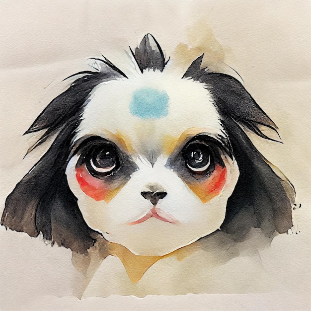 mento giapponese. Adorabile cagnolino. Illustrazione ad acquerello con macchie di colore. Tutte le razze canine