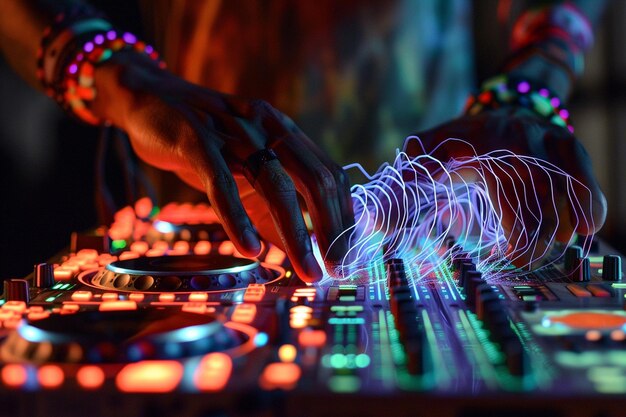 Mentre i ritmi si intensificano le mani del DJ si muovono con pura generativa ai