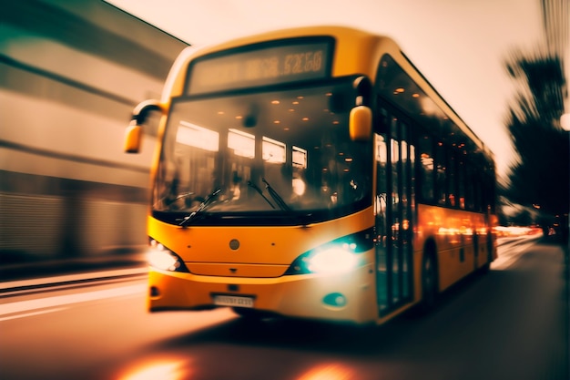 Mentre il sole inizia a tramontare, un autobus giallo brillante scende lungo la strada proiettando un caldo bagliore sugli edifici e sugli alberi intorno ad esso IA generativa