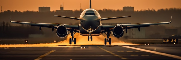 Mentre il sole tramonta all'orizzonte, un aeroplano scende verso la pista, la sua sagoma si staglia contro il cielo colorato creando uno spettacolo mozzafiato IA generativa