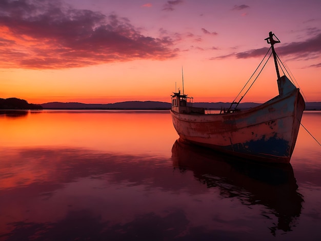 Mentre il sole tramonta sul lago una vecchia barca da pesca Ai generata