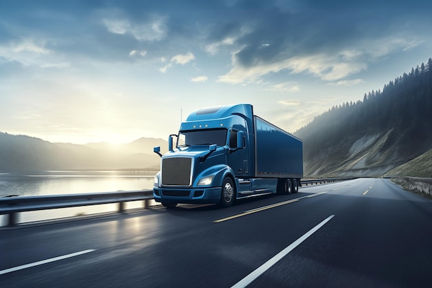 Mentre il sole tramonta, un container di rimorchio di camion viene visto su un'autostrada asfaltata che trasporta merci.