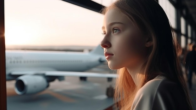 Mentre l'aereo decolla, la ragazza sta aspettando nelle vicinanze I passeggeri del volo stanno imbarcando l'IA generativa e un giovane passeggero all'aeroporto