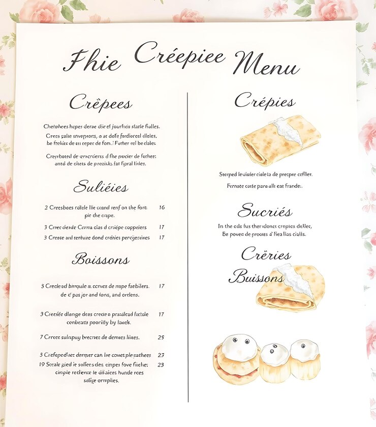 Foto menu creperie francese chic con illustrazioni delicate e layout di menù soft pa idea per i disegni di marca