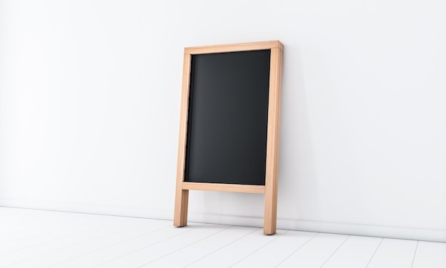 Menu in legno Black Board Mockup in una stanza vuota di cemento, cavalletto, rendering 3d