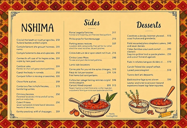 Menu Zambian Nshima con intricati modelli Chitenge zambiani e War Layout Idea per il branding