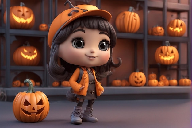 Meraviglie di zucca Assisti alle adorabili avventure di una ragazza cartone animato in 3D in una città di Halloween