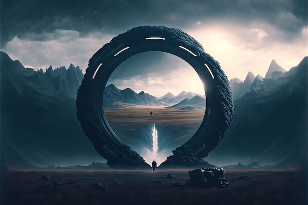 Meravigliosa immagine dell'astronauta che viaggia attraverso lo stargate con un paesaggio scifi