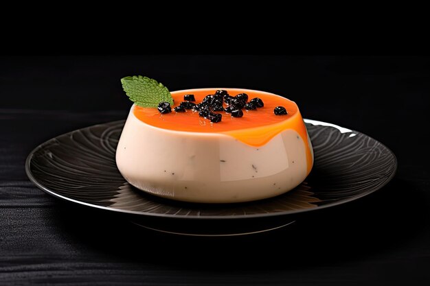 Meravigliosa papaya pannacotta su un piatto con sfondo nero generativo ai