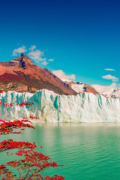 Meravigliosa vista sull'enorme ghiacciaio Perito Moreno in Patagonia nell'autunno dorato del Sud America