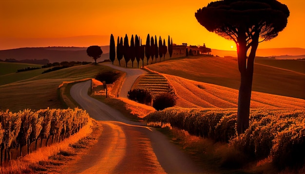 Meravigliosamente bellissimo scenario del tramonto toscano in estate Splendidi campi di grano pieni di fiori e una tortuosa strada di campagna fiancheggiata da cipressi al tramonto Asciano Generative AI