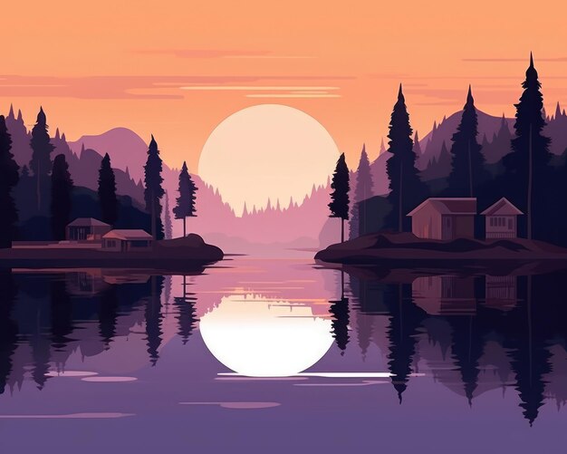 Meravigliosi colori dell'acqua calma del lago durante il tramonto Illustrazione Generative AI