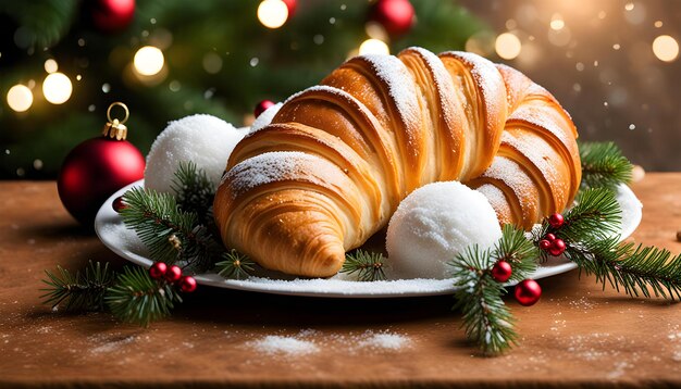 Meravigliosi diversi abbellimenti di Natale e croissant su una tavola sostanziale di colore terroso