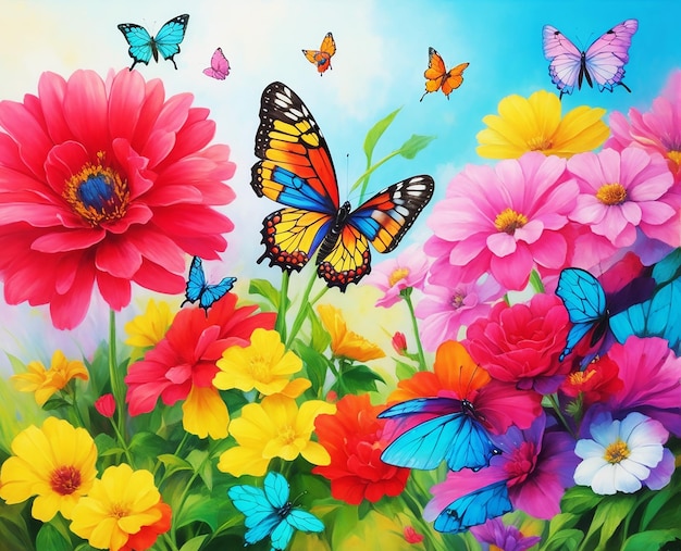 meravigliosi fiori multicolori e farfalle creative pittura acrilica su carta Immagine acrilica HD