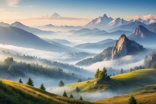 Meravigliosi paesaggi naturali, montagne sotto la nebbia mattutina.