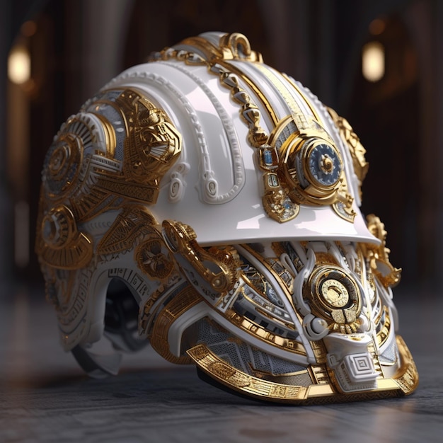 Meraviglioso casco da moto bianco con immagine disegno dorato AI Generated Art