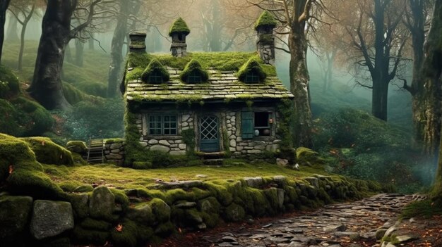 Meraviglioso cottage in pietra foresta hobbit case immagini arte generata dall'intelligenza artificiale