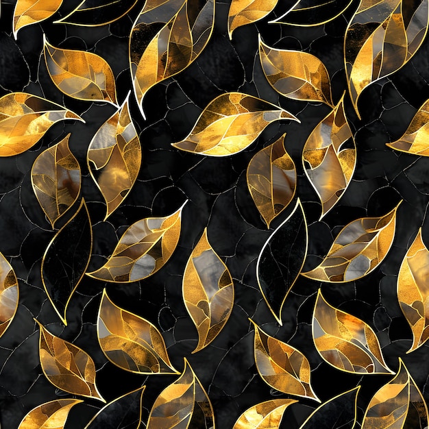 Meraviglioso disegno senza cuciture di foglie in stile mosaico vetrato con oro