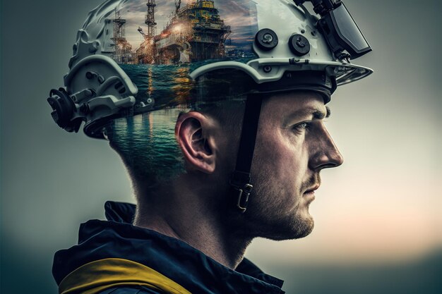 Meraviglioso ingegnere con ritratto del casco e doppia esposizione della piattaforma petrolifera offshore