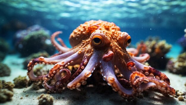 Meraviglioso oceano sottomarino pieno di colori e coralli con un polpo molto carino e dettagliato