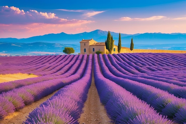 Meraviglioso paesaggio estivo con campi di lavanda in Provenza Valensole Francia