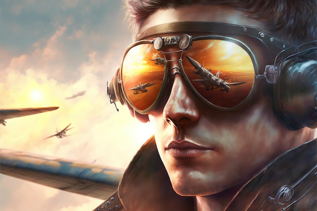 Meraviglioso ritratto del primo piano del pilota maschio con occhiali da sole riflettenti contro il cielo