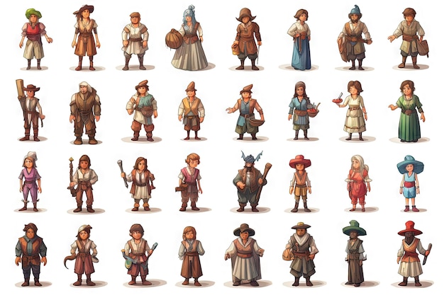 mercanti quest givers e villaggi gioco personaggi dei cartoni animati su sfondo bianco elementi di gioco npc