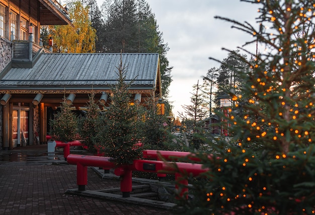 Mercatino di Natale con alberi di Natale a Rovaniemi Finlandia Lapponia