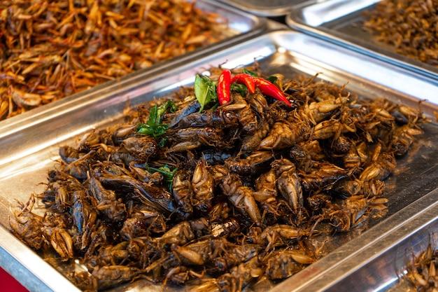 Mercato alimentare asiatico Un bancone con insetti fritti