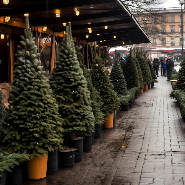 Mercato all'aperto con alberi di Natale in abete Generative AI