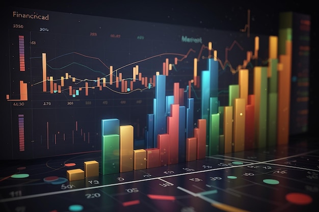 Mercato azionario e dati finanziari grafico visualizzazione concetto di marketing digitale analisi statistica finanziaria su sfondo scuro con grafici finanziari analisi di borsa illustrazione 3d