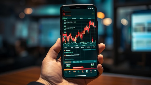 Mercato azionario sullo schermo del telefono e sullo sfondo Analisi delle scorte e cambio valuta AI generativa