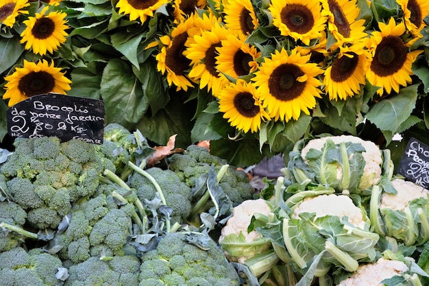 Mercato degli agricoltori in Francia con verdure e girasoli.