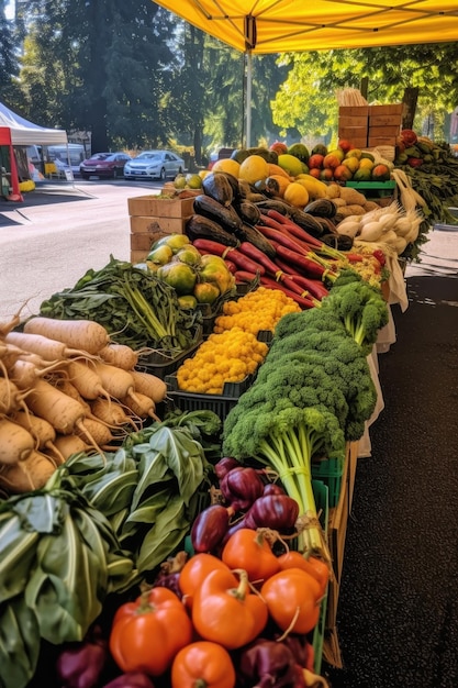 Mercato degli agricoltori locali con prodotti freschi creati con l'IA generativa