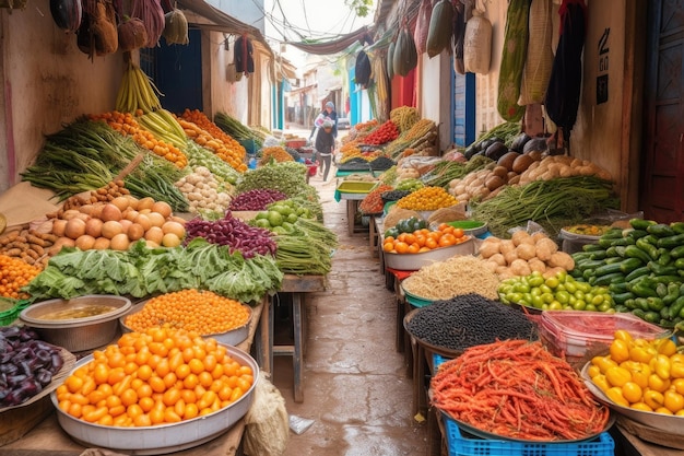 Mercato di strada con una varietà di frutta, verdura e spezie colorate create con l'IA generativa