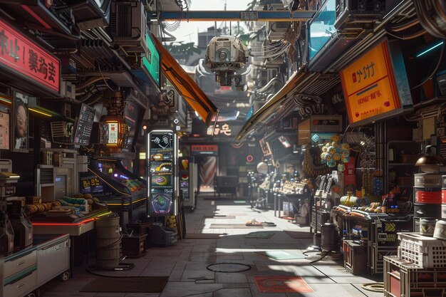 Mercato di strada cyberpunk dove i venditori vendono high-tech