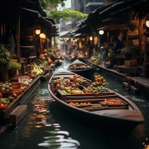 Mercato galleggiante di Bangkok Thailandia Generative Ai