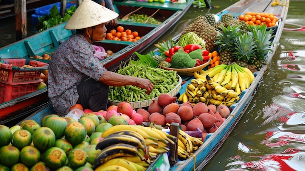 Mercato galleggiante in Indonesia per la vendita di prodotti biologici, frutta e verdura fresca