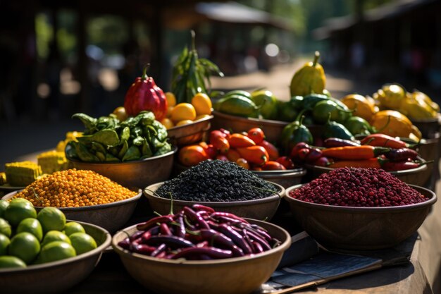 Mercato locale con mucchi di acai freschi e frutti tropicali dai colori vivaci generativi IA