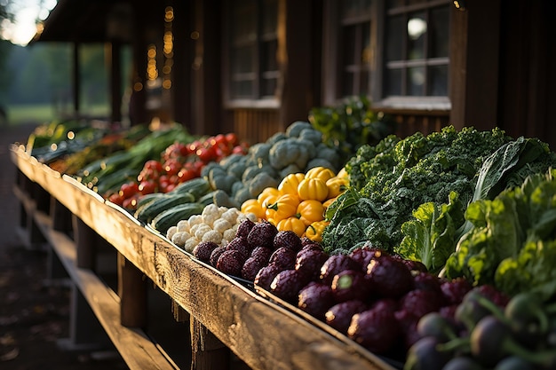 Mercato locale degli agricoltori fila di prodotti freschi e etichette di prezzo