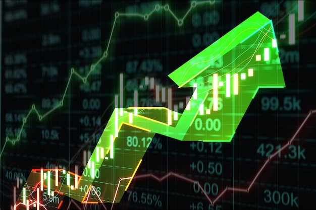 Mercato rialzista e concetto di investimento con freccia grafica verde digitale in aumento su sfondo tecnologico scuro con grafici grafici del mercato forex e rendering 3D candelabro