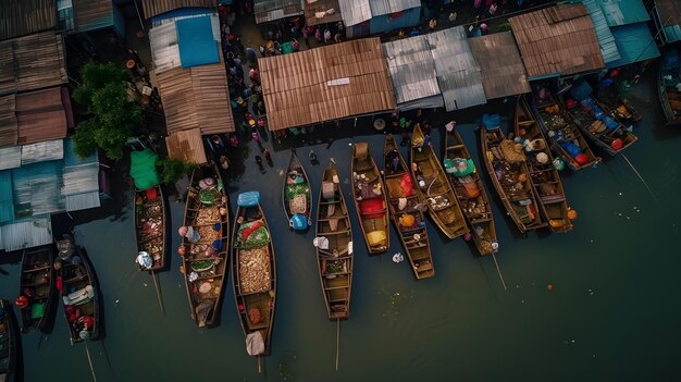 Mercato tradizionale galleggiante tradizionale vista del mercato delle barche galleggianti dal drone generativo ai