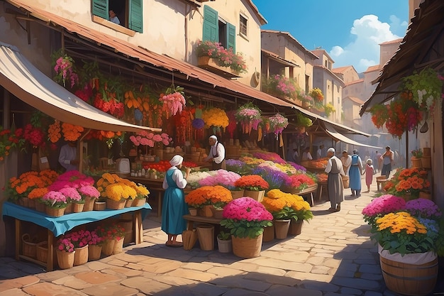 Mercato vibrante Pittura digitale di bancarelle di fiori di papavero