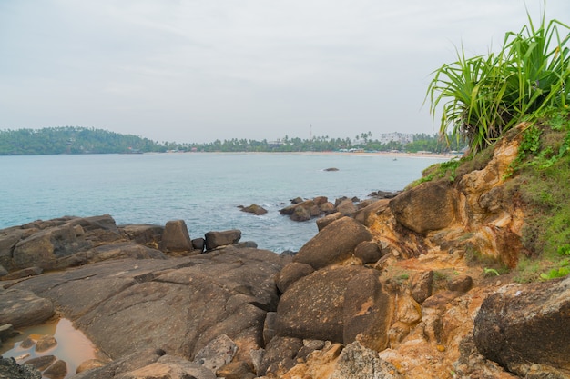 Merissa, Sri Lanka, pappagallo. Enormi massi sulla spiaggia